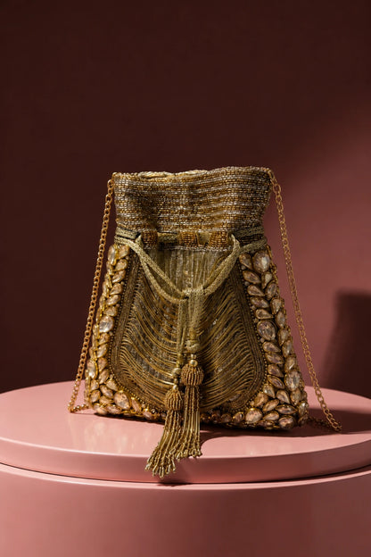 Ruhani Golden Potli with handcrafted gold beadwork and crystal detailing