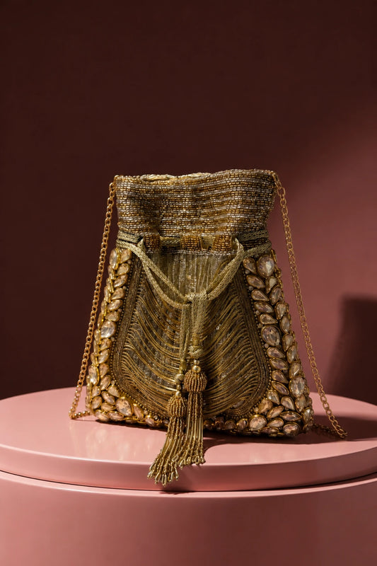 Ruhani Golden Potli with handcrafted gold beadwork and crystal detailing