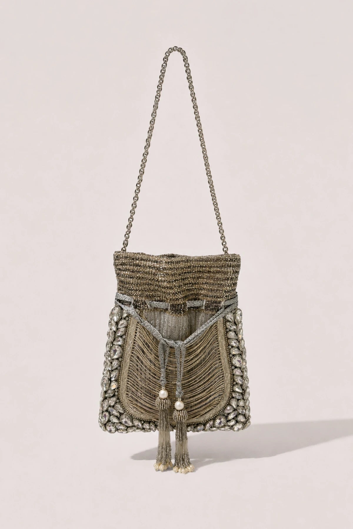 Ruhani Silver Potli with handcrafted silver beadwork and pearl detailing