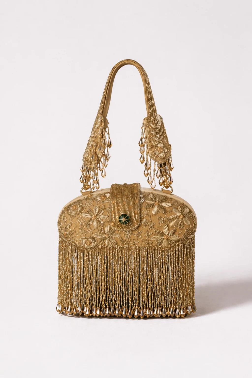 Saanjh Golden Clutch Bag with handcrafted beadwork and flowing fringe