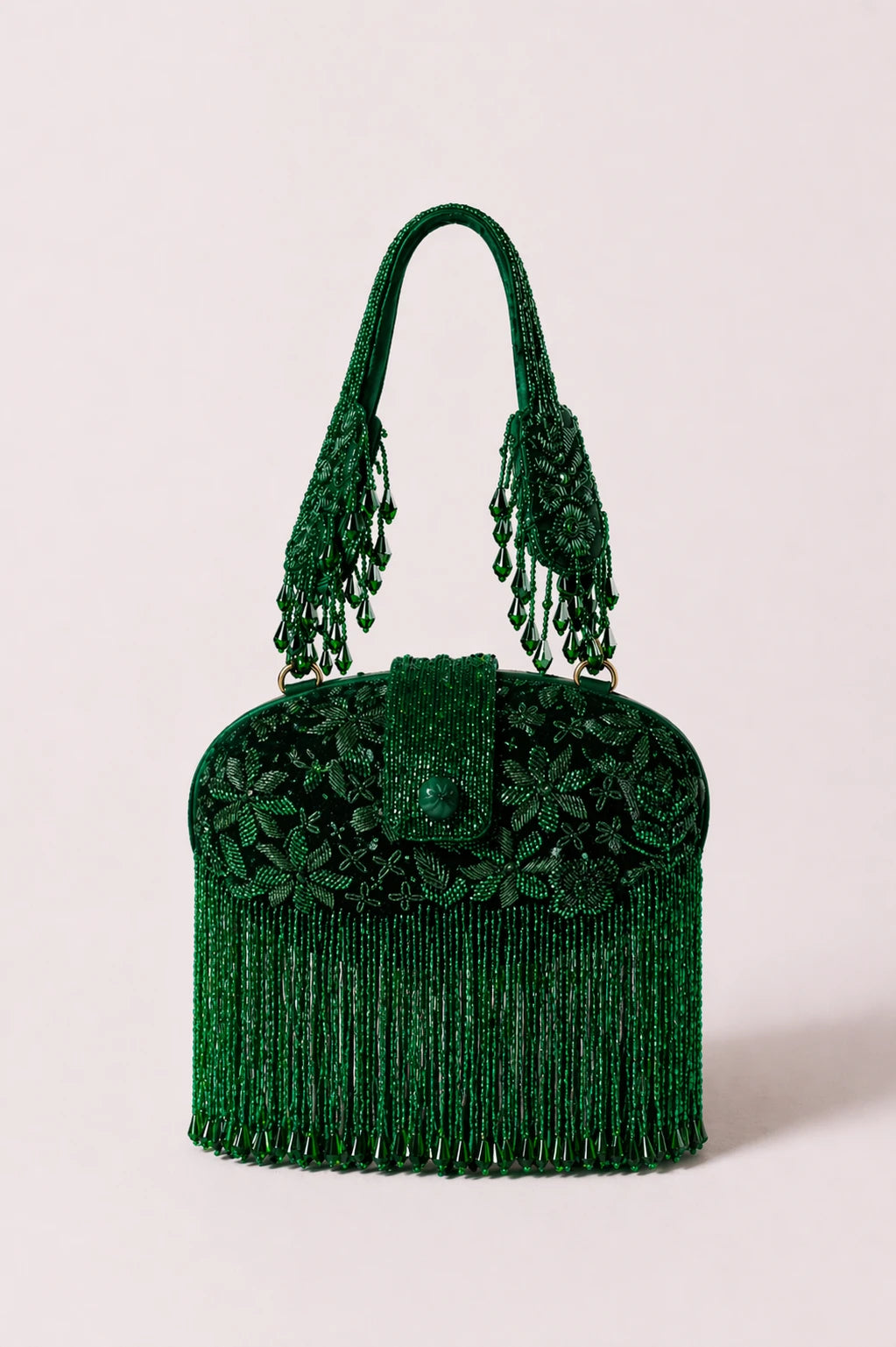Saanjh Green Clutch Bag with handcrafted emerald beadwork and fringe detailing