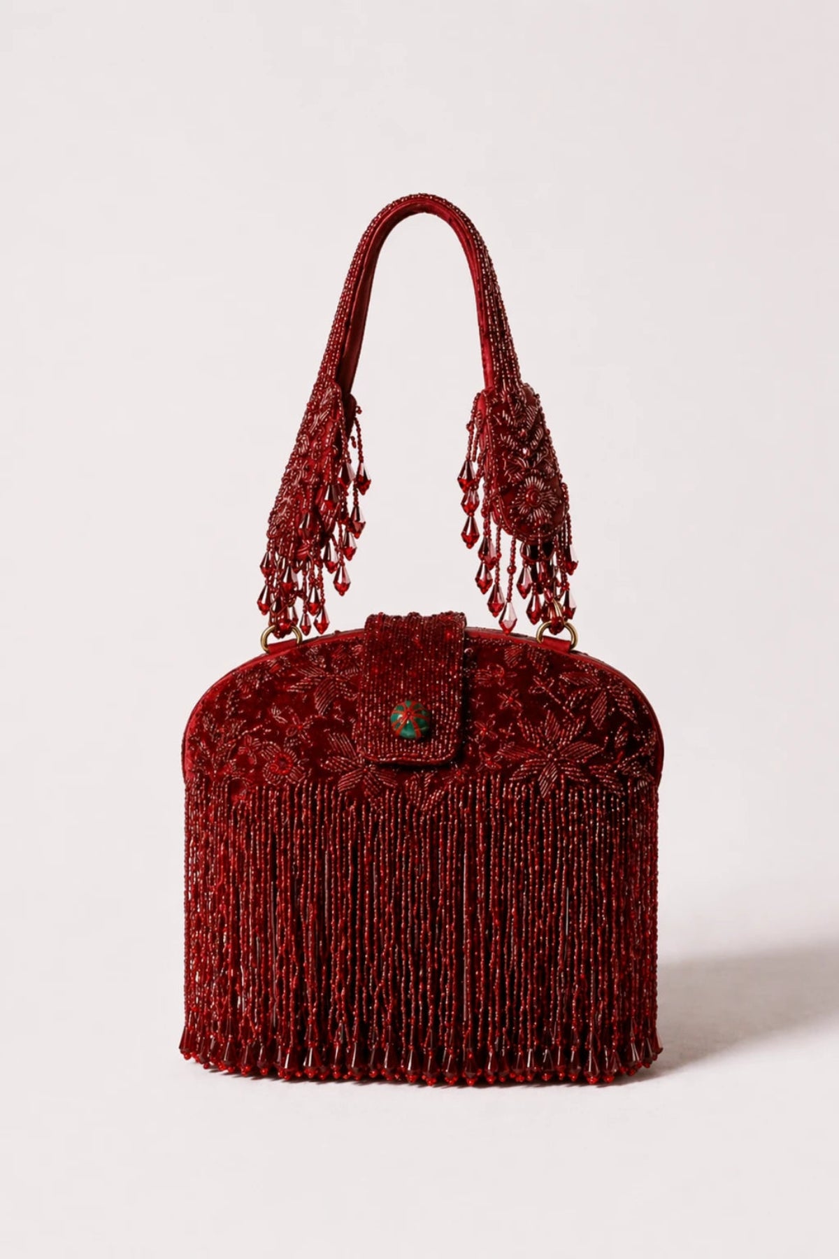 Saanjh Red Clutch Bag with handcrafted red beadwork and fringe detailing