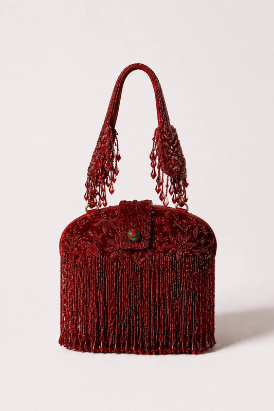 Saanjh Red Clutch Bag with handcrafted red beadwork and fringe detailing