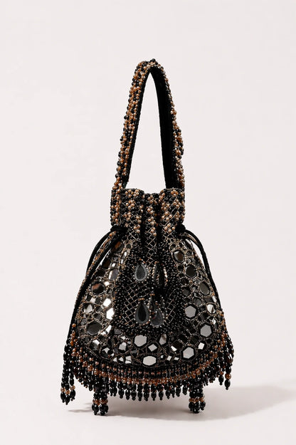 Sheesh Black Potli Bag with handcrafted mirror work and bead embroidery