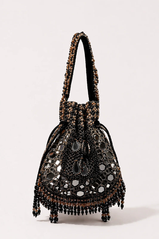 Sheesh Black Potli Bag with handcrafted mirror work and bead embroidery
