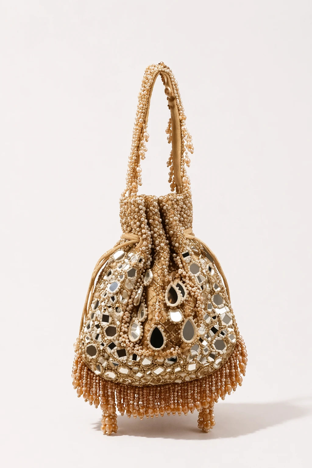 Sheesh Golden Potli Bag with handcrafted mirror work and bead embroidery