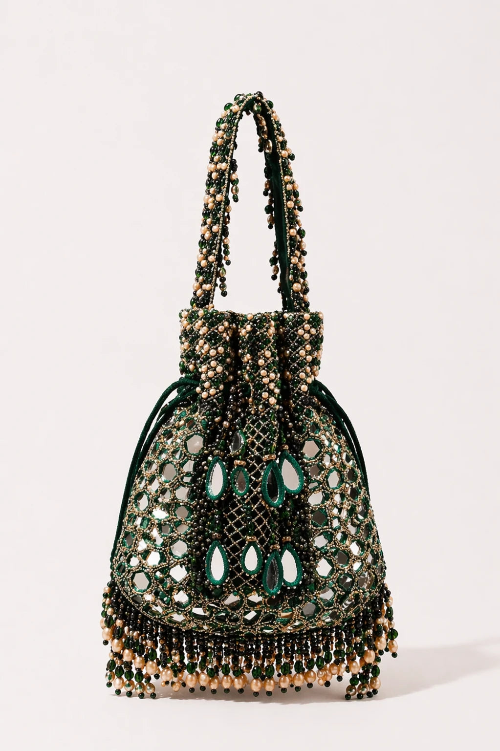 Green mehendi potli bag for women with mirror work detailing