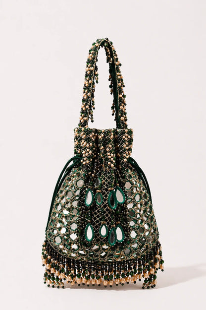 Green mehendi potli bag for women with mirror work detailing