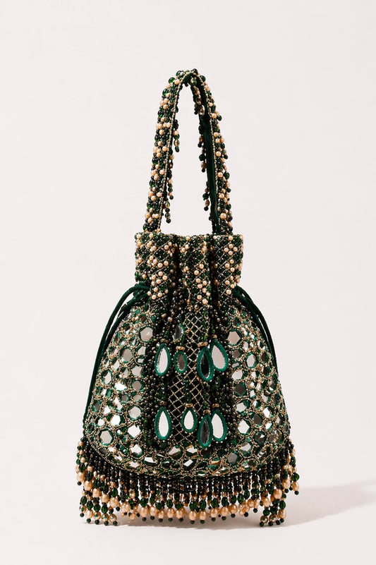 Green mehendi potli bag for women with mirror work detailing
