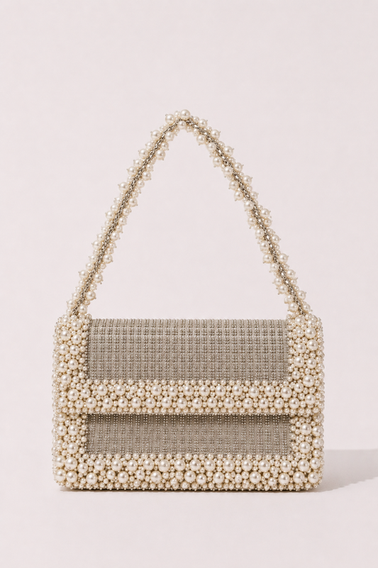 Shimmer Light Denim Shoulder Bag with pearl and crystal embellishments