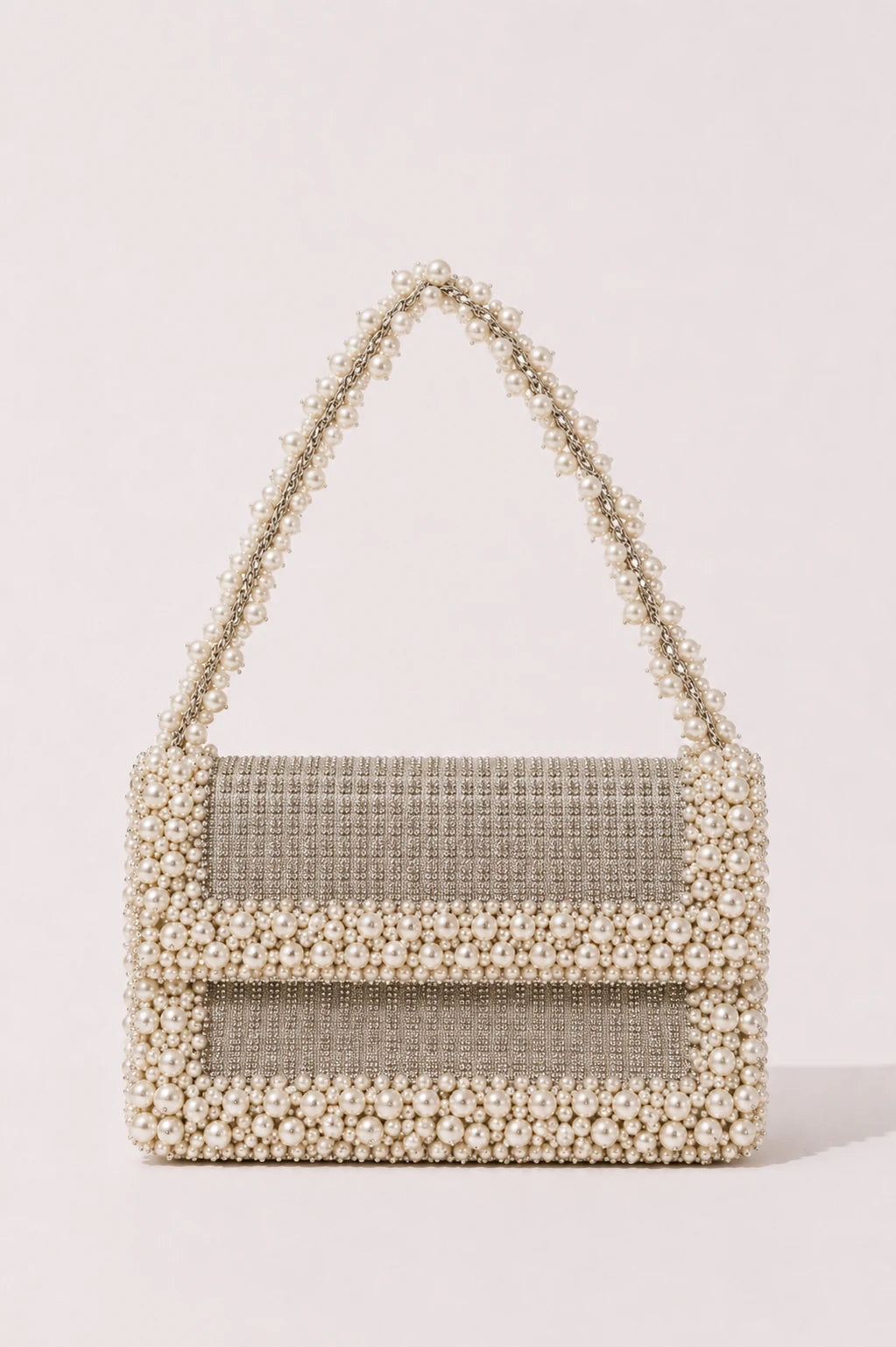 Shimmer Light Denim Shoulder Bag with pearl and crystal embellishments