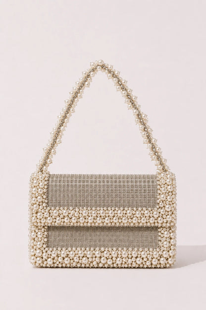 Shimmer Light Denim Shoulder Bag with pearl and crystal embellishments