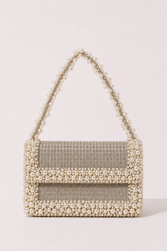Shimmer Light Denim Shoulder Bag with pearl and crystal embellishments