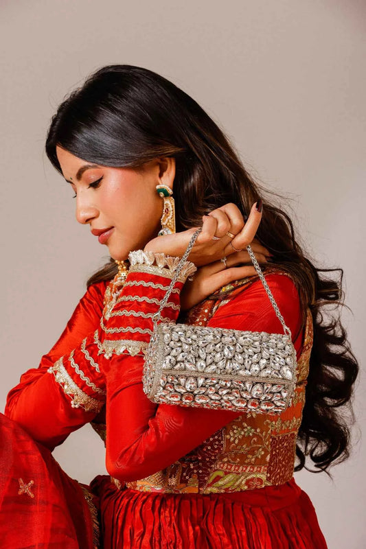Silver mirror work clutch bag for weddings and festive celebrations
