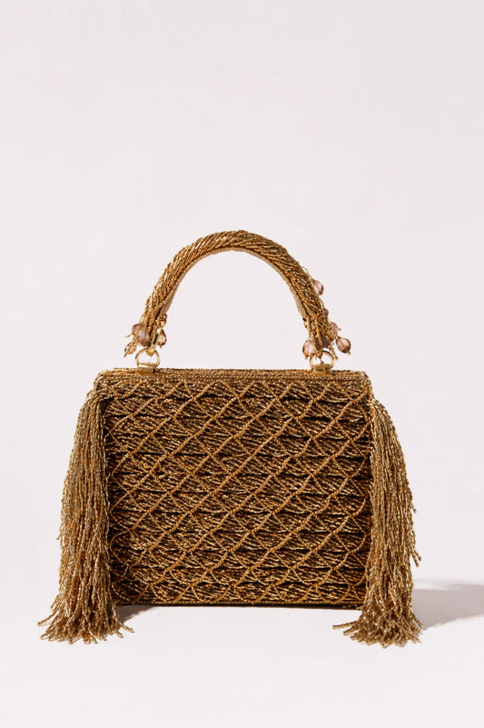 Sona Jaal golden wedding clutch bag with woven metallic detailing