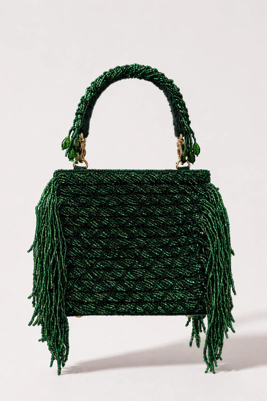 Sona Jaal green wedding guest clutch with beadwork and fringe detailing