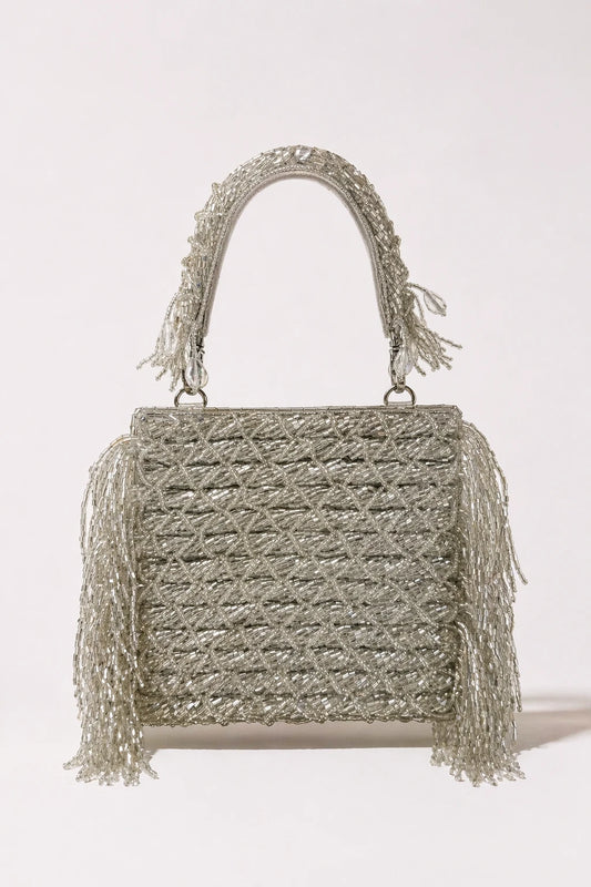 Sona Jaal silver party clutch bag with metallic beadwork