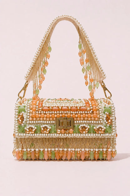 Sorbet Pearl bridal shoulder bag with pearl embellishments and gemstone de