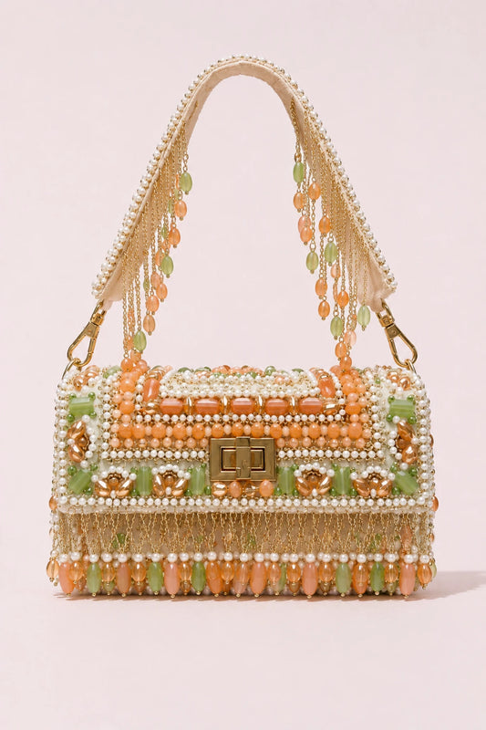 Sorbet Pearl bridal shoulder bag with pearl embellishments and gemstone de