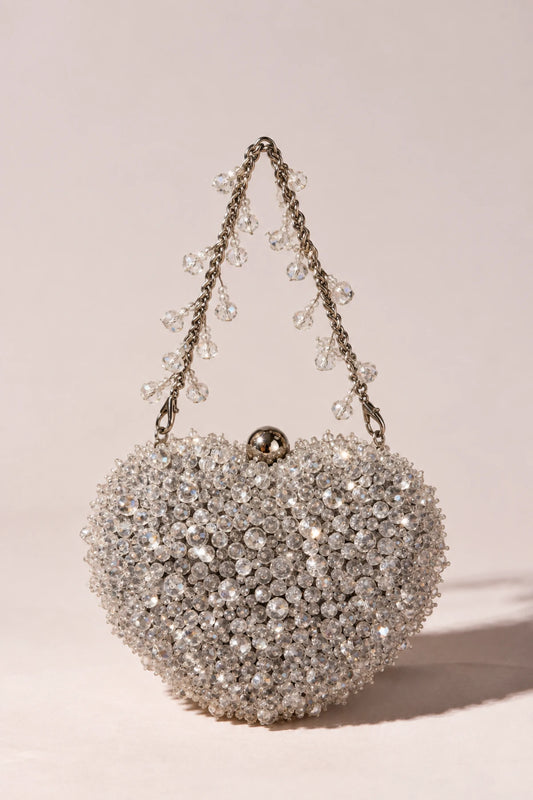 Close-up of Stardust Silver Heart Bag showcasing intricate silver-toned crystal bead embellishments.