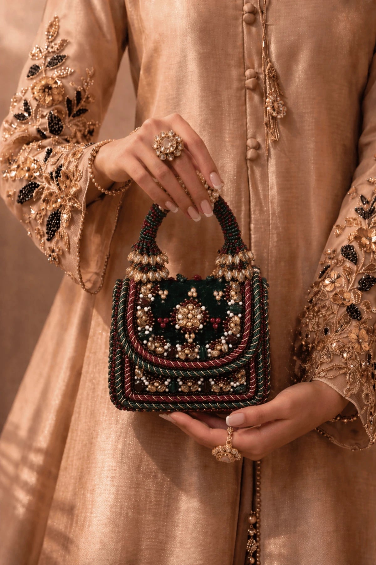 Statement bag for women with ornate beadwork and floral motifs