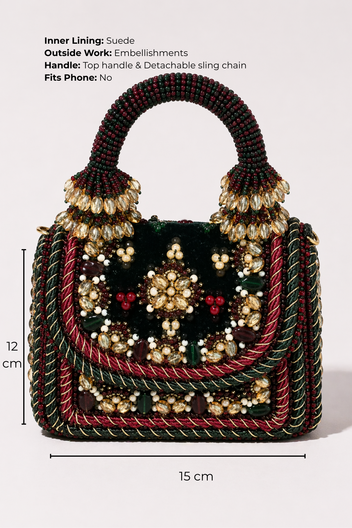Stylish mini handbag with emerald green beadwork and rope detailing