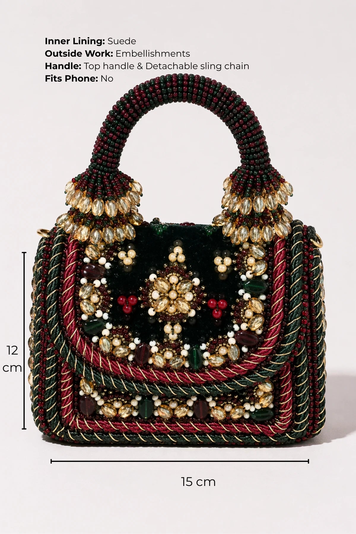 Stylish mini handbag with emerald green beadwork and rope detailing