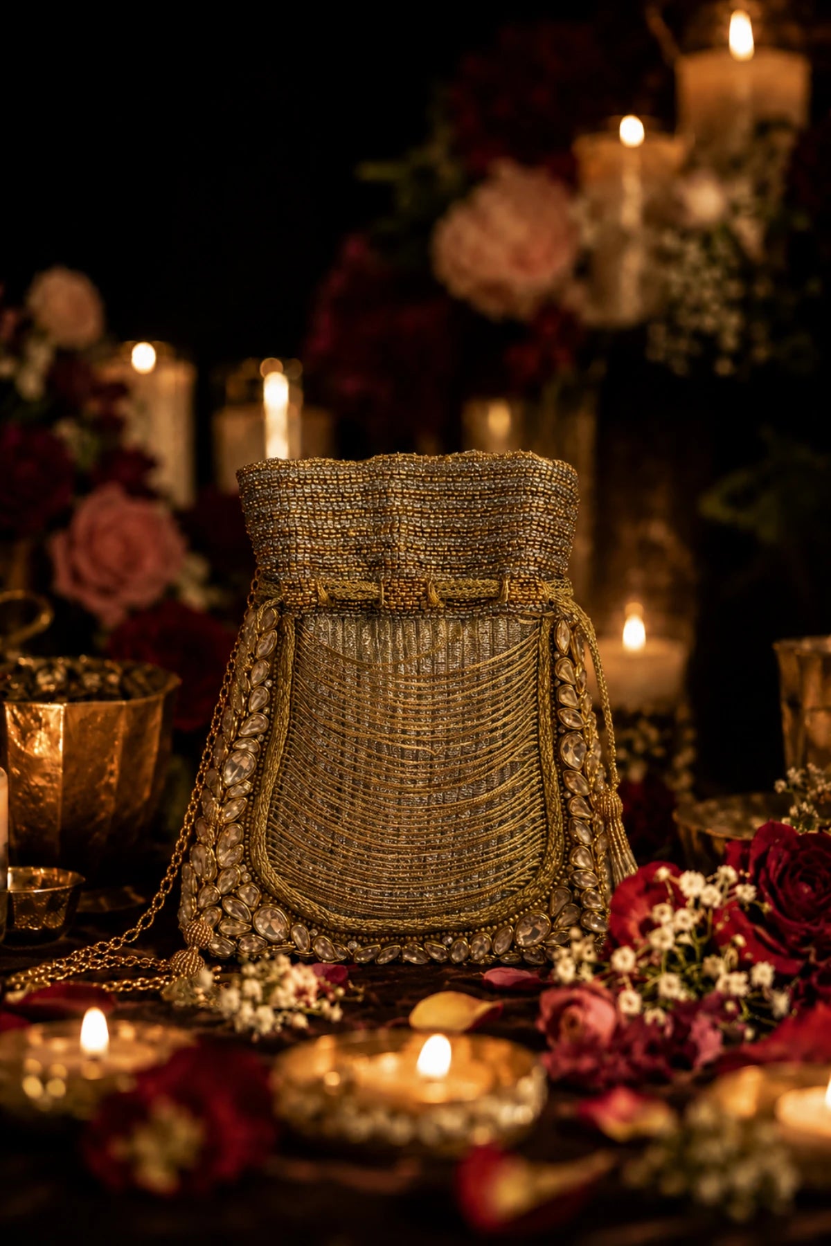 Golden potli bag with embellished tassel and drawstring detailing