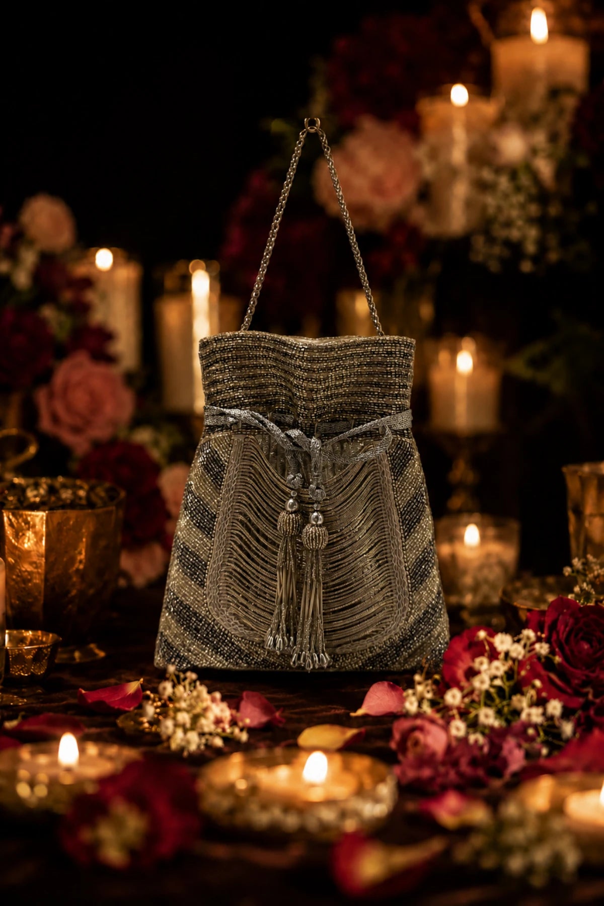 Silver potli with delicate tassel embellishments and chain strap