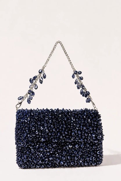 Twilight Charcoal Blue Shoulder Bag with handcrafted bead embroidery