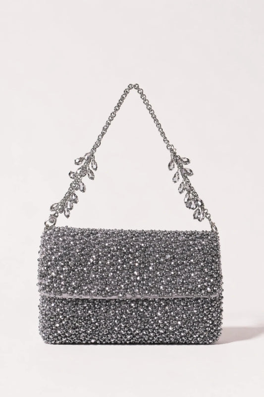 Twilight Silver Shoulder Bag with handcrafted silver bead embroidery