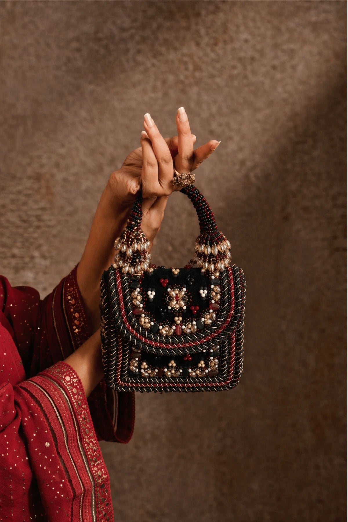 Wedding bag for women with hand-beaded handle and crystal accents
