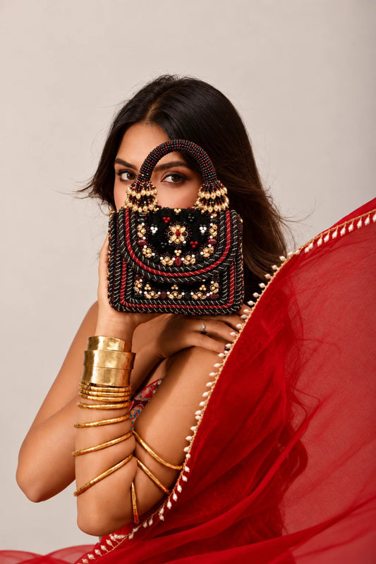 Wedding bag for women with hand-beaded handle and crystal accents