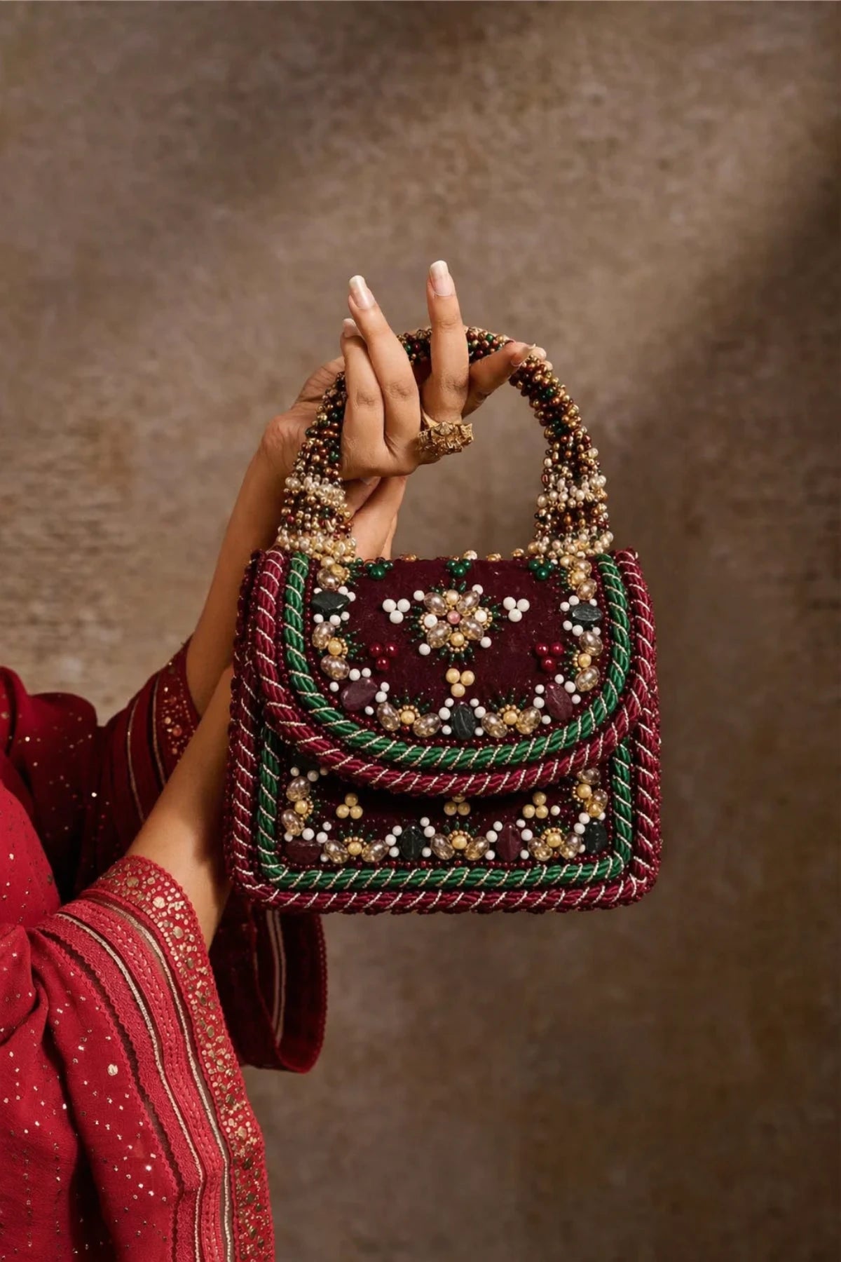 Mini handbag for women with ornate floral beadwork and crystal detailing