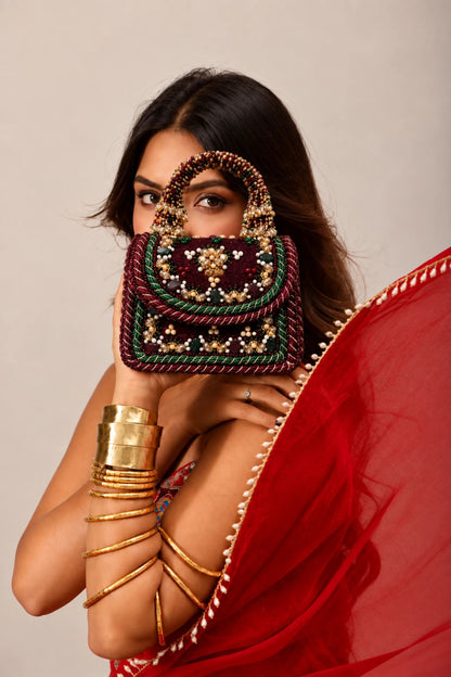 Mini handbag for women with ornate floral beadwork and crystal detailing