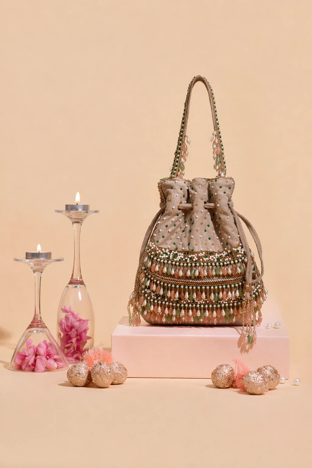 Wedding potli bag with tassel drawstring closure and embellished handle
