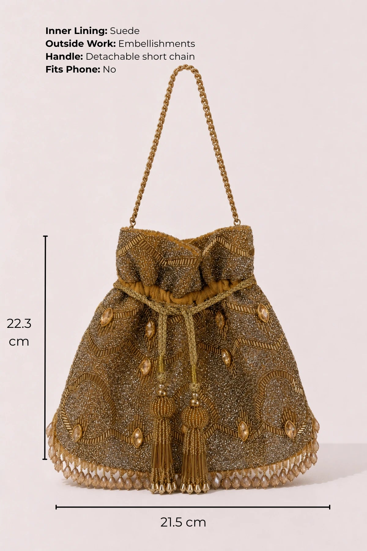 Wedding potli bag with gold braided shoulder chain and gemstone embellishments
