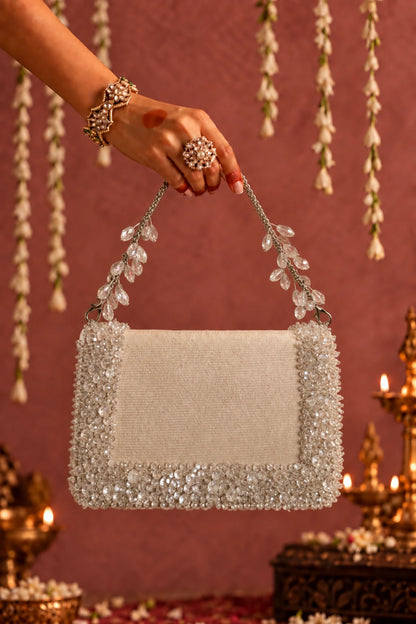 Stylish white crystal embellished handbag for women, perfect for brunches, evening parties and sunset dinners.