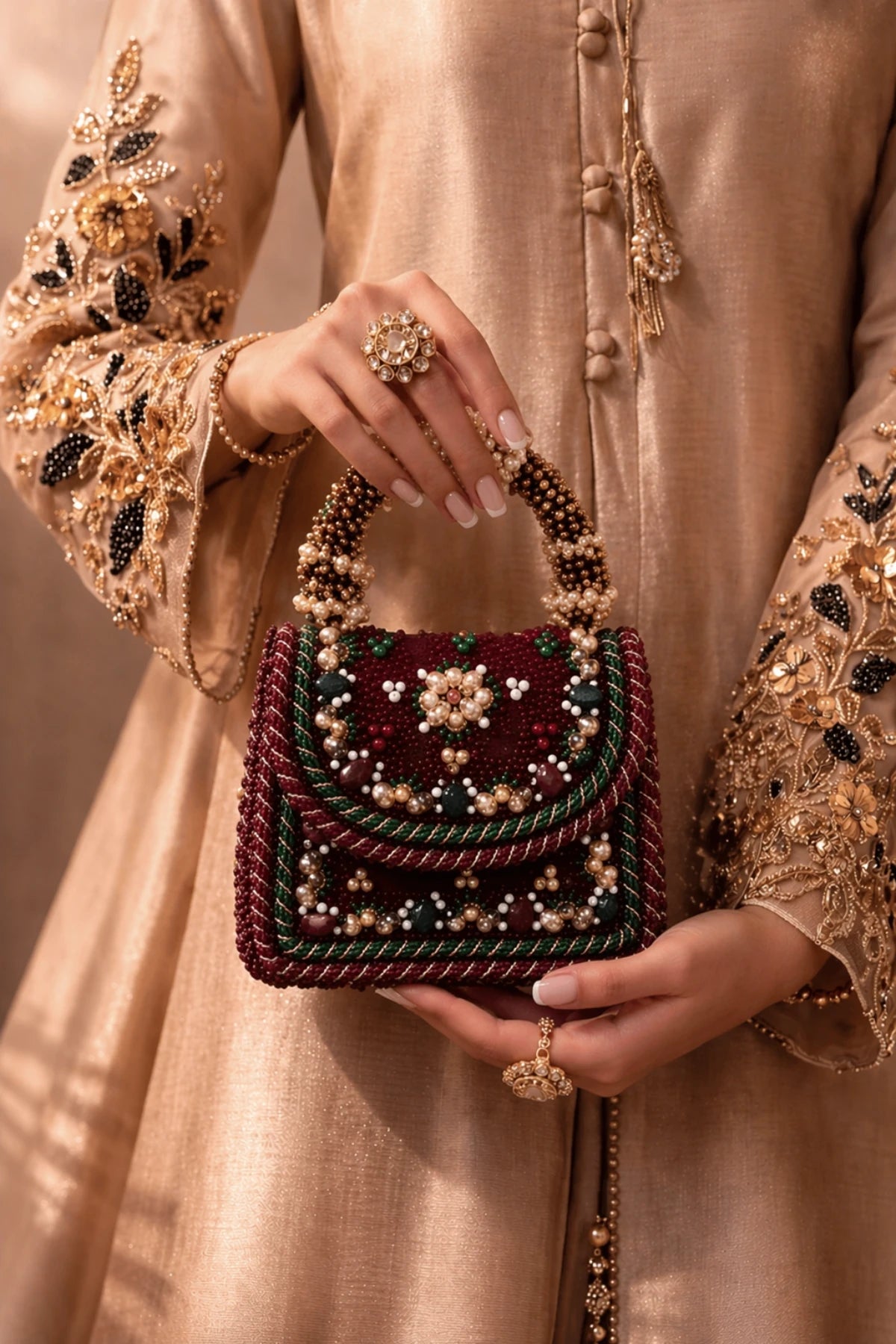 Bridal bag for women with jewel toned embroidery and crystal accents