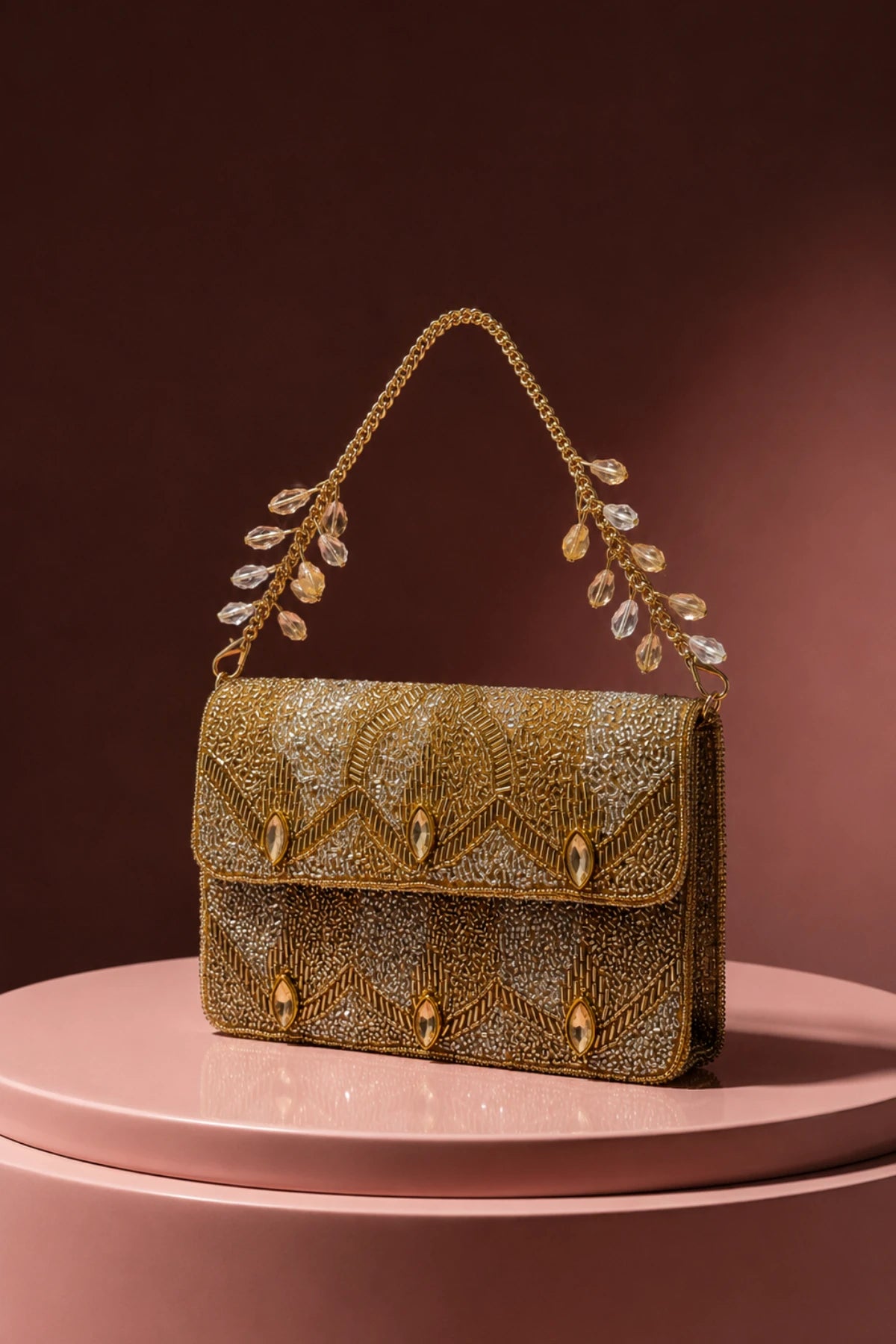 Zari Golden Shoulder Bag with handcrafted gold and silver beadwork