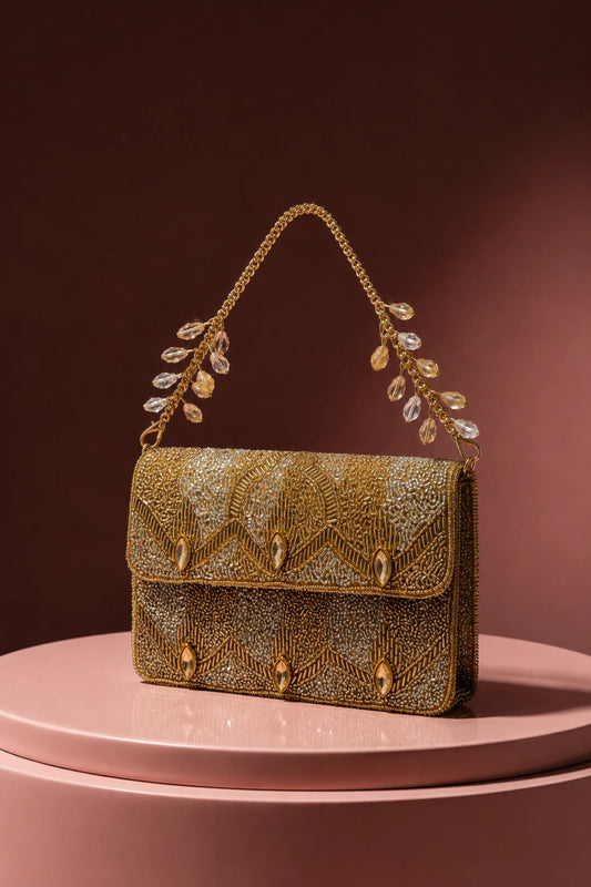 Zari Golden Shoulder Bag with handcrafted gold and silver beadwork
