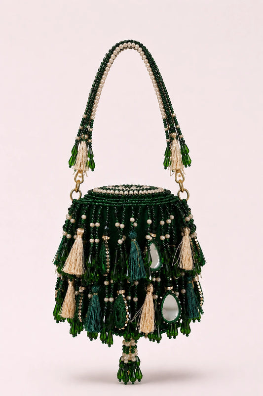 Zeenat Potli Bag with emerald bead embroidery and mirror embellishments