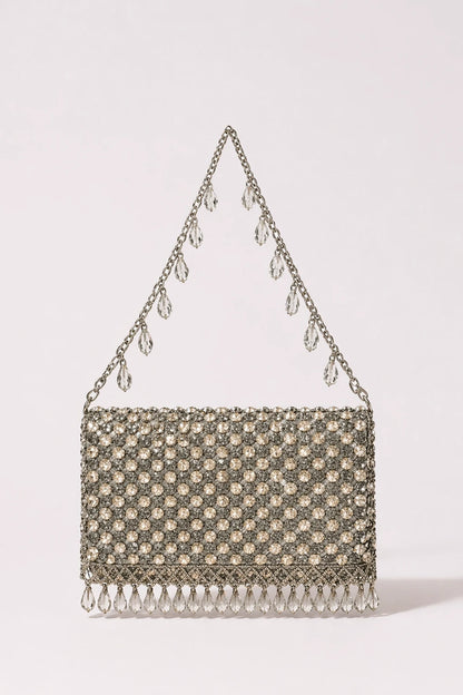 Ziya Silver Shoulder Bag with handcrafted silver bead embroidery